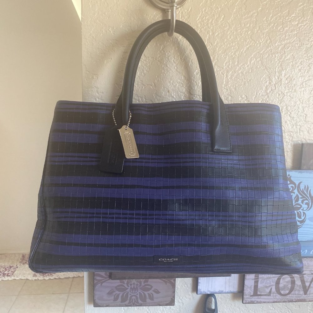 Coach indigo/black striped woven leather Bleecker shoulder bag